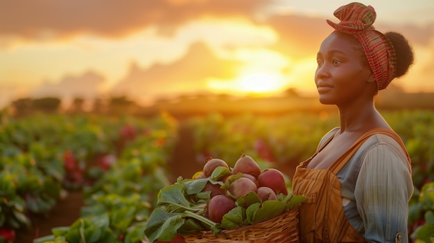 Foto grátis mulher africana colhendo legumes