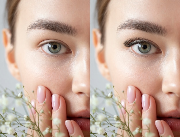 Foto grátis mulher antes e depois das extensões de cílios