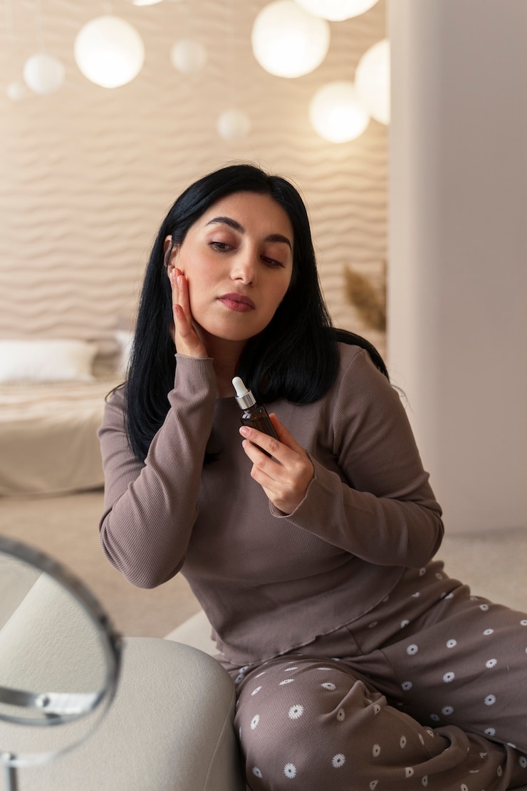 Foto grátis mulher aplicando soro facial durante sua rotina de beleza