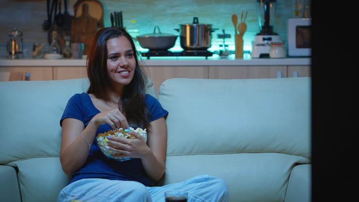 Foto grátis mulher, aproveitando a noite assistindo séries de tv em casa, sentada no sofá confortável, vestida de pijama. animada divertida senhora sozinha em casa comendo lanches e bebendo suco no sofá aconchegante na sala de estar.