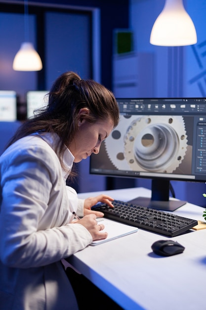 Foto grátis mulher, arquiteta e engenheira trabalhando no programa cad moderno, sentada na mesa de um escritório de start-ups