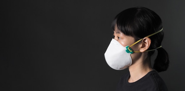 Mulher asiática de meia idade usando máscara médica n95 que ajuda a prevenir ou protegê-la de