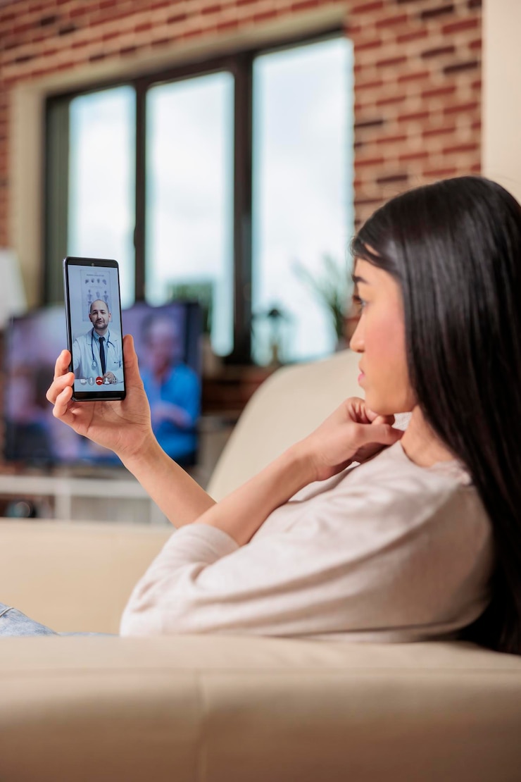 Foto grátis mulher asiática na consulta de vídeo on-line de telemedicina médica consultoria on-line terapeuta cuidados familiares. telemedicina paciente casa consulta saúde saúde internet médico medicina