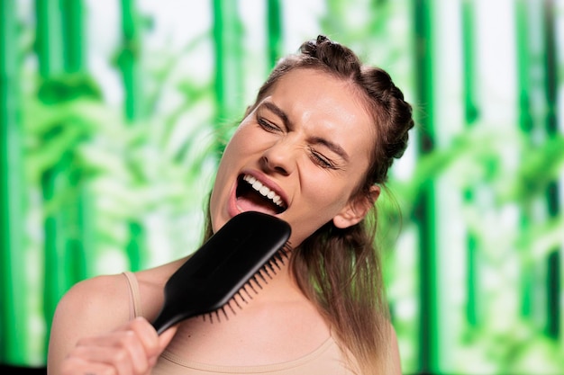 Foto grátis mulher atraente fazendo penteado e usando escova de cabelo como microfone. jovem e bela senhora caucasiana ouvindo música, fingindo cantar no pente e escovando o cabelo loiro