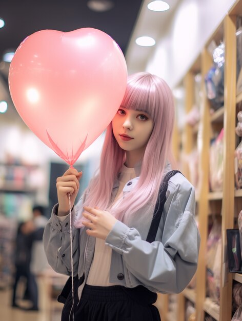 Mulher bonita com balão em forma de coração