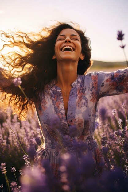 Mulher bonita em meio tiro na natureza