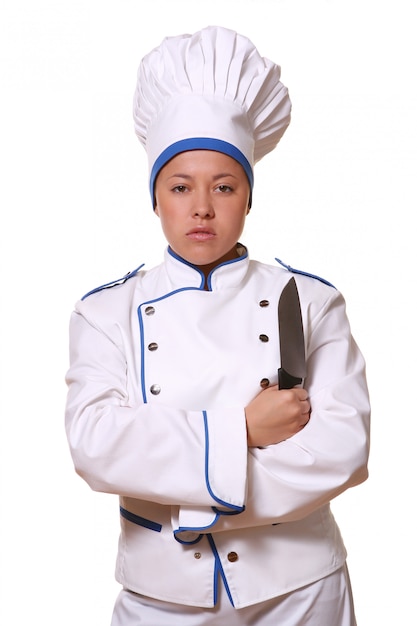 Mulher bonita na imagem do chef com faca