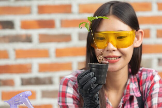 Mulher bonita sorrindo enquanto cultiva plantas