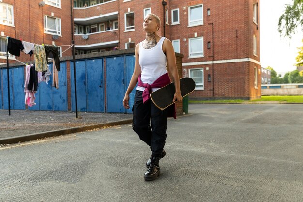 Mulher carregando skate no subúrbio, foto completa