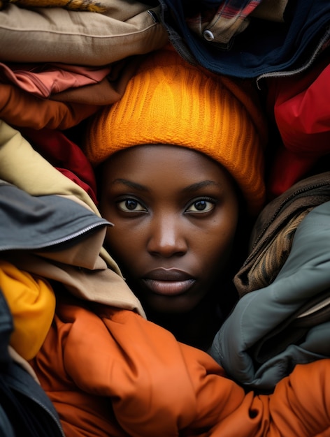 Foto grátis mulher cercada por pilha de roupas