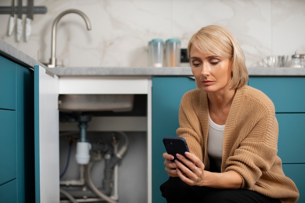 Foto grátis mulher chamando encanador para resolver problemas de cozinha