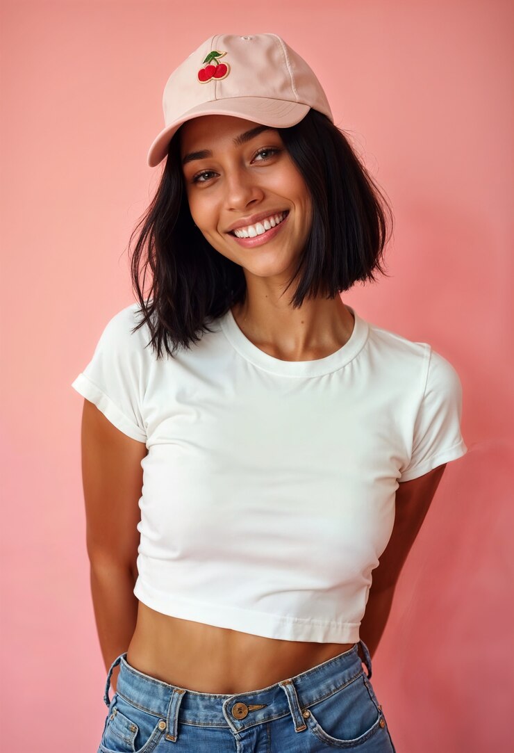 Foto grátis mulher chique de cereja vestindo camiseta