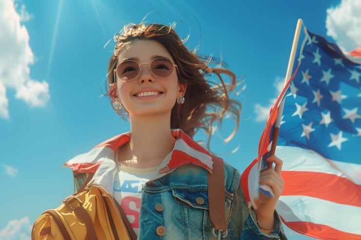 Foto grátis mulher com a bandeira americana para nós celebração do dia nacional da lealdade