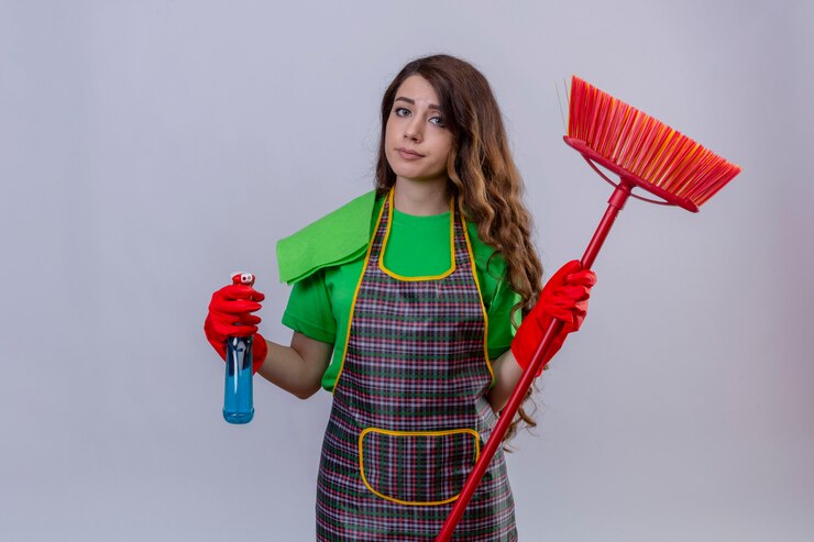 Foto grátis mulher com cabelo comprido ondulado usando avental e luvas de borracha segurando spray de limpeza e esfregão parecendo cansada com expressão cética em pé