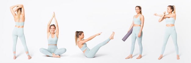 Mulher com conjunto de legging e sutiã esportivo de ioga azul