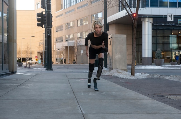 Mulher com deficiência de perna correndo na cidade
