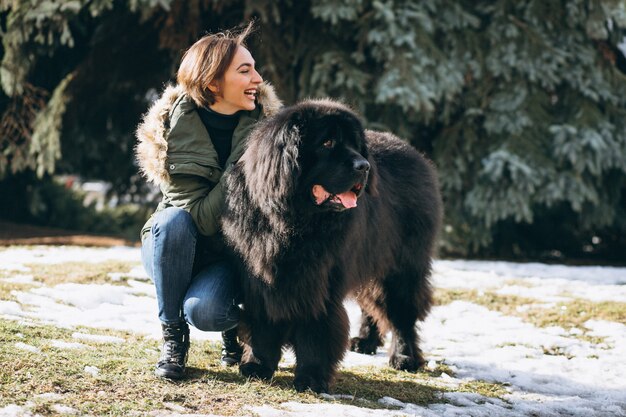 Mulher, com, dela, cão, andar, parque