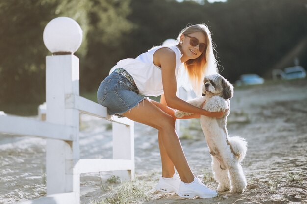 Mulher, com, dela, cão, ligado, um, férias