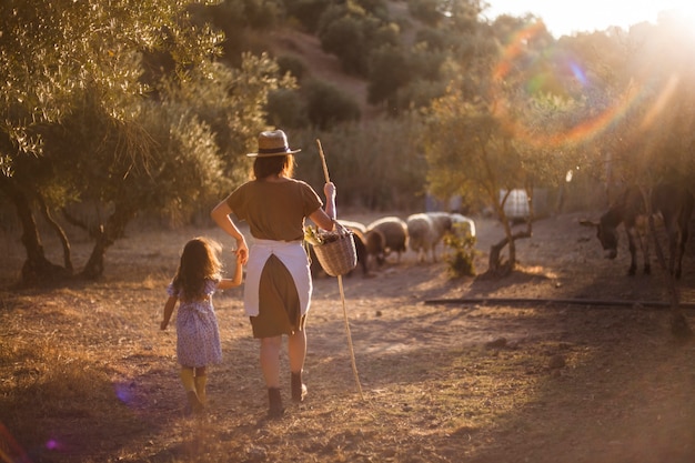 Mulher, com, dela, filha, herding, ovelha, em, a, campo