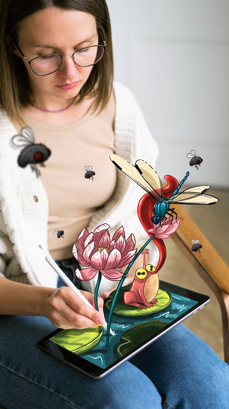 Foto grátis mulher com dispositivo tablet ilustrando