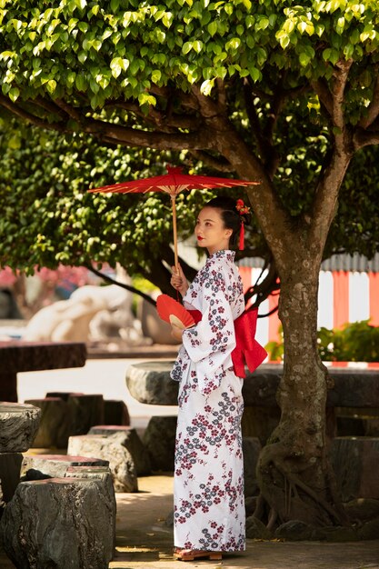 Mulher com guarda-chuva de quimono e wagasa
