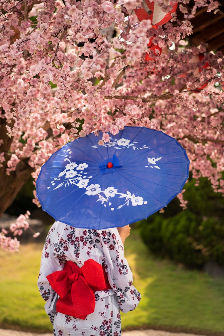 Foto grátis mulher com guarda-chuva de quimono e wagasa
