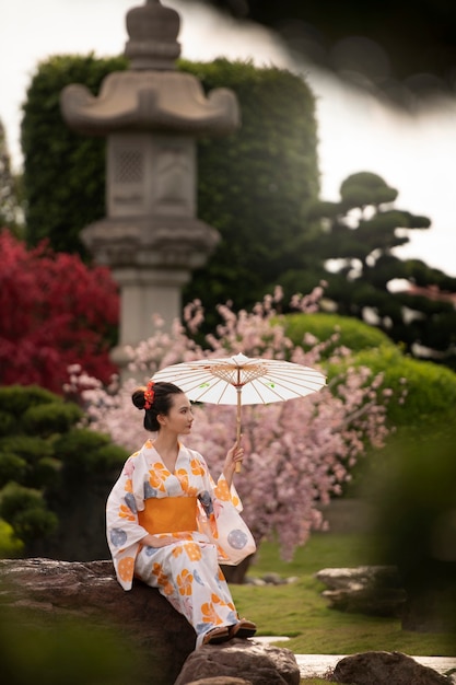 Mulher com guarda-chuva de quimono e wagasa