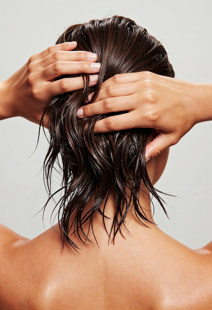 Foto grátis mulher com o cabelo molhado e as mãos na cabeça