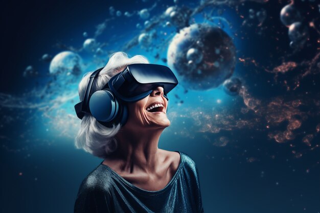 Mulher com óculos VR experimentando o metaverso