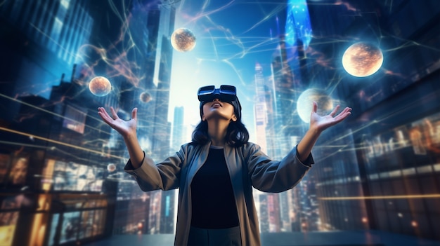 Mulher com óculos vr na cidade futurista