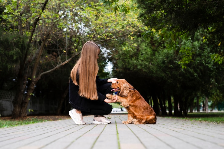 Foto grátis mulher com seu cachorro no parque