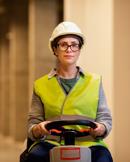 Mulher com tiro médio usando capacete