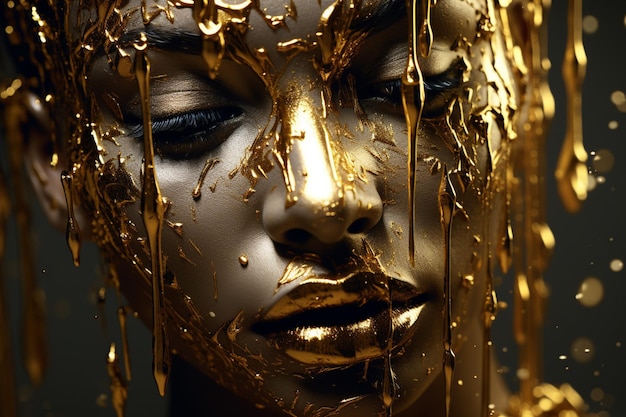 Mulher com um rosto dourado pingando belos retratos