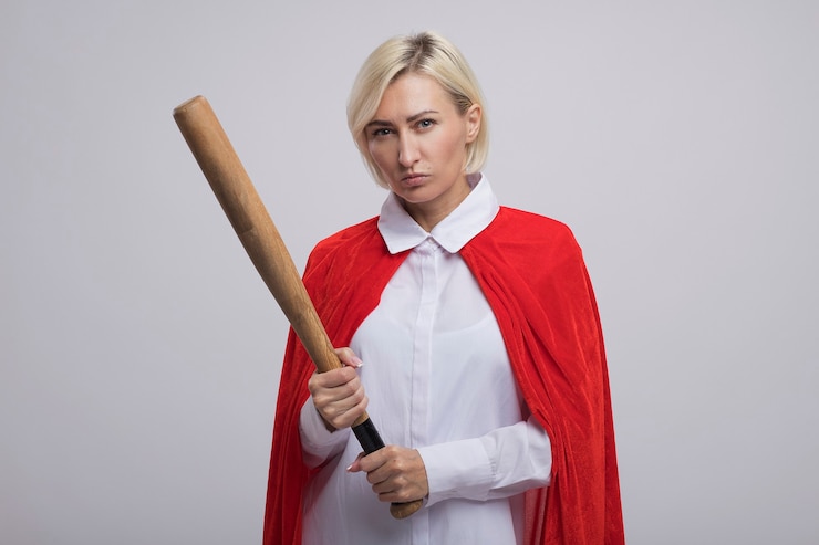Foto grátis mulher confiante, loira de meia-idade, super-heroína com capa vermelha segurando um taco de beisebol com os olhos vesgos, isolados na parede branca com espaço de cópia