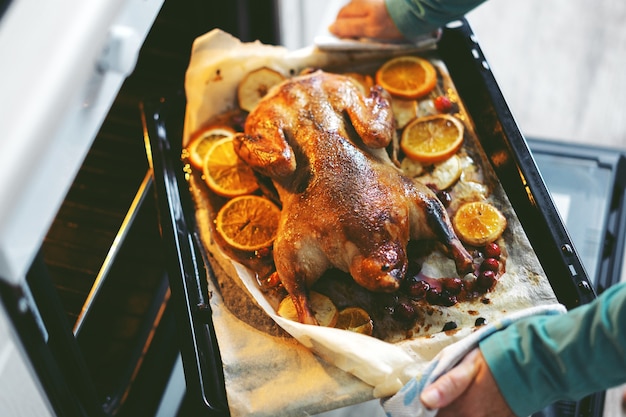 Mulher cozinhando pato com legumes e tirando do forno.