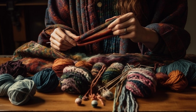 Mulher criativa tecendo moda de inverno com fios multicoloridos gerados por IA