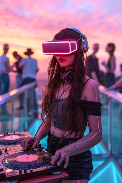 Foto grátis mulher de altura média a fazer dj com óculos de realidade aumentada.