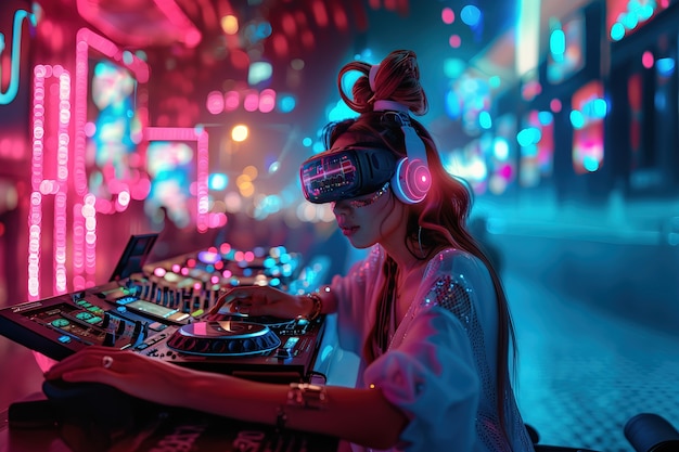 Foto grátis mulher de altura média a fazer dj com óculos de realidade aumentada.