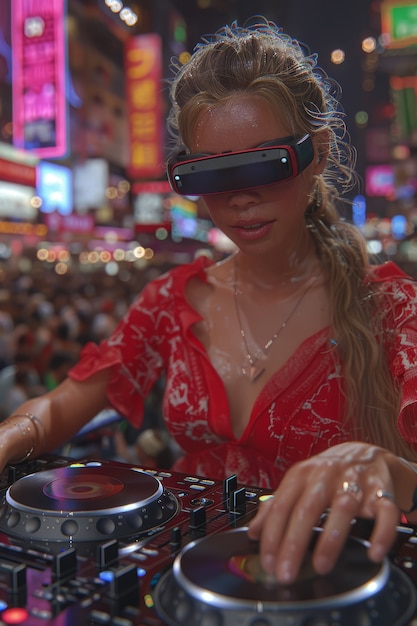 Mulher de altura média a fazer DJ com óculos de realidade aumentada.