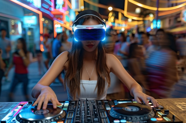 Mulher de altura média a fazer DJ com óculos de realidade aumentada.