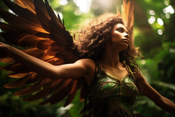 Foto grátis mulher de ângulo baixo com asas voando