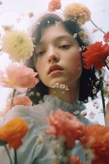 Mulher de ângulo baixo posando com flores