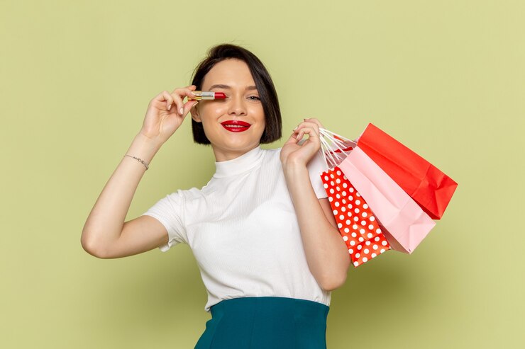 Foto grátis mulher de blusa branca e saia verde segurando pacotes de compras e batom
