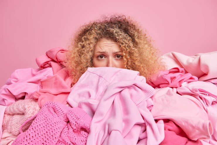 Foto grátis mulher de cabelo encaracolado decepcionada coberta com poses de roupas desordenadas contra uma parede rosa olhando tristemente para a câmera