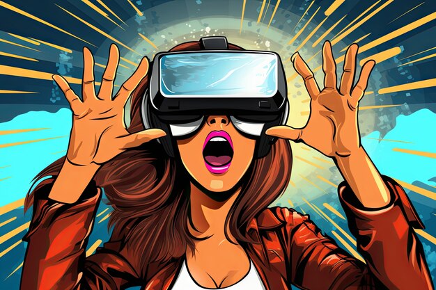 Mulher de desenho animado usando óculos VR