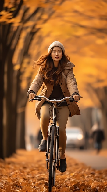 Mulher de foto completa andando de bicicleta ao ar livre