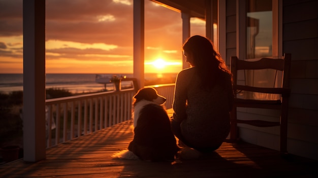 Mulher de foto completa com cachorro fofo