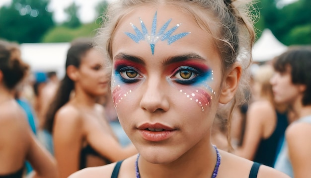 Mulher de frente com look de festival e maquiagem