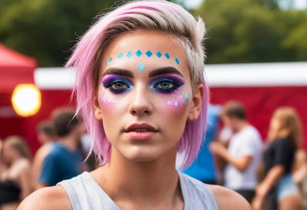 Mulher de frente com look de festival e maquiagem