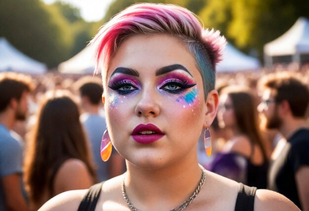 Mulher de frente com look de festival e maquiagem